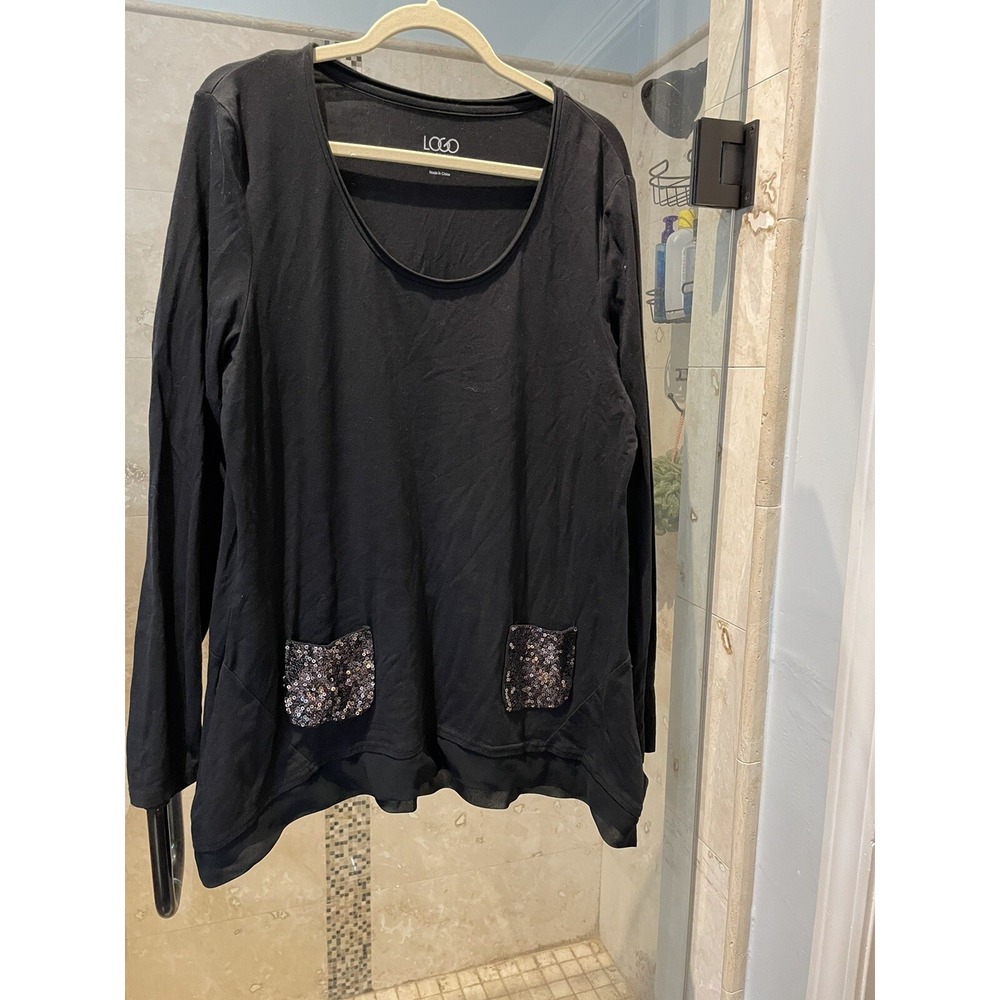 LOGO by Lori Goldstein Handkerchief Hem Tunic Top L Large Black Sequin Pockets